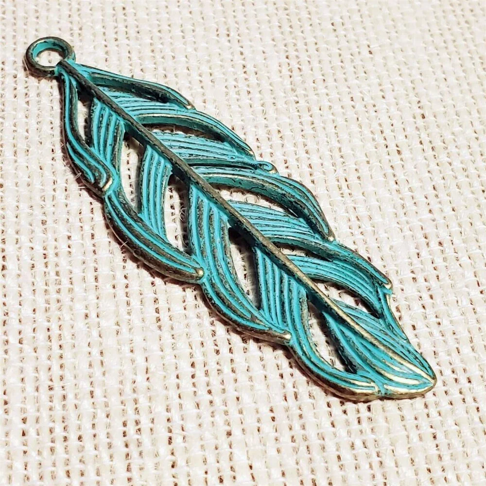 Antique Bronze Art Nouveau Verdigris Green Patina Carved Filigree Leaf Pendant